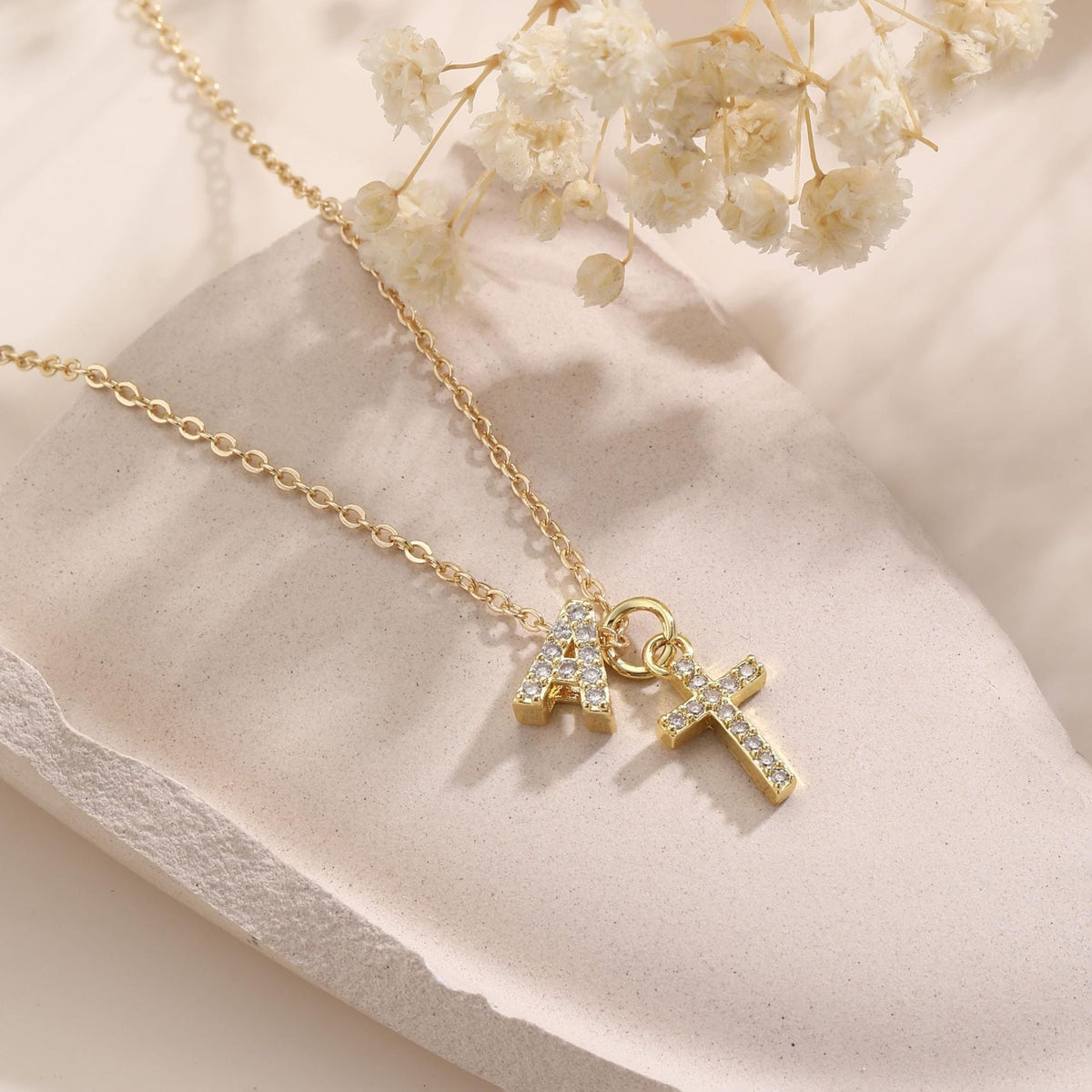 Dainty Diamond Initial and Cross Necklace - Adjustable 45 cm Chain, view 3