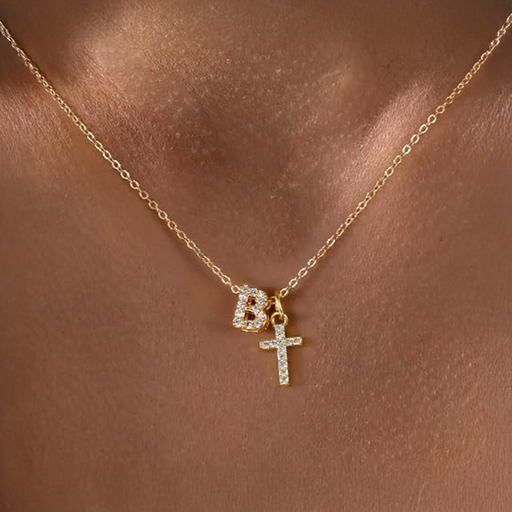 Dainty Diamond Initial and Cross Necklace - Adjustable 45 cm Chain, view 5