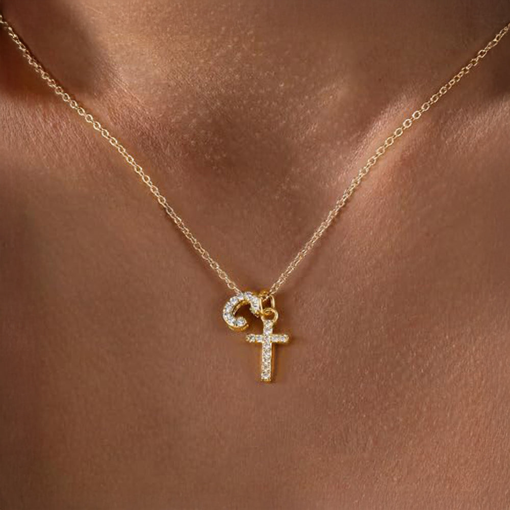 Dainty Diamond Initial and Cross Necklace - Adjustable 45 cm Chain, view 6