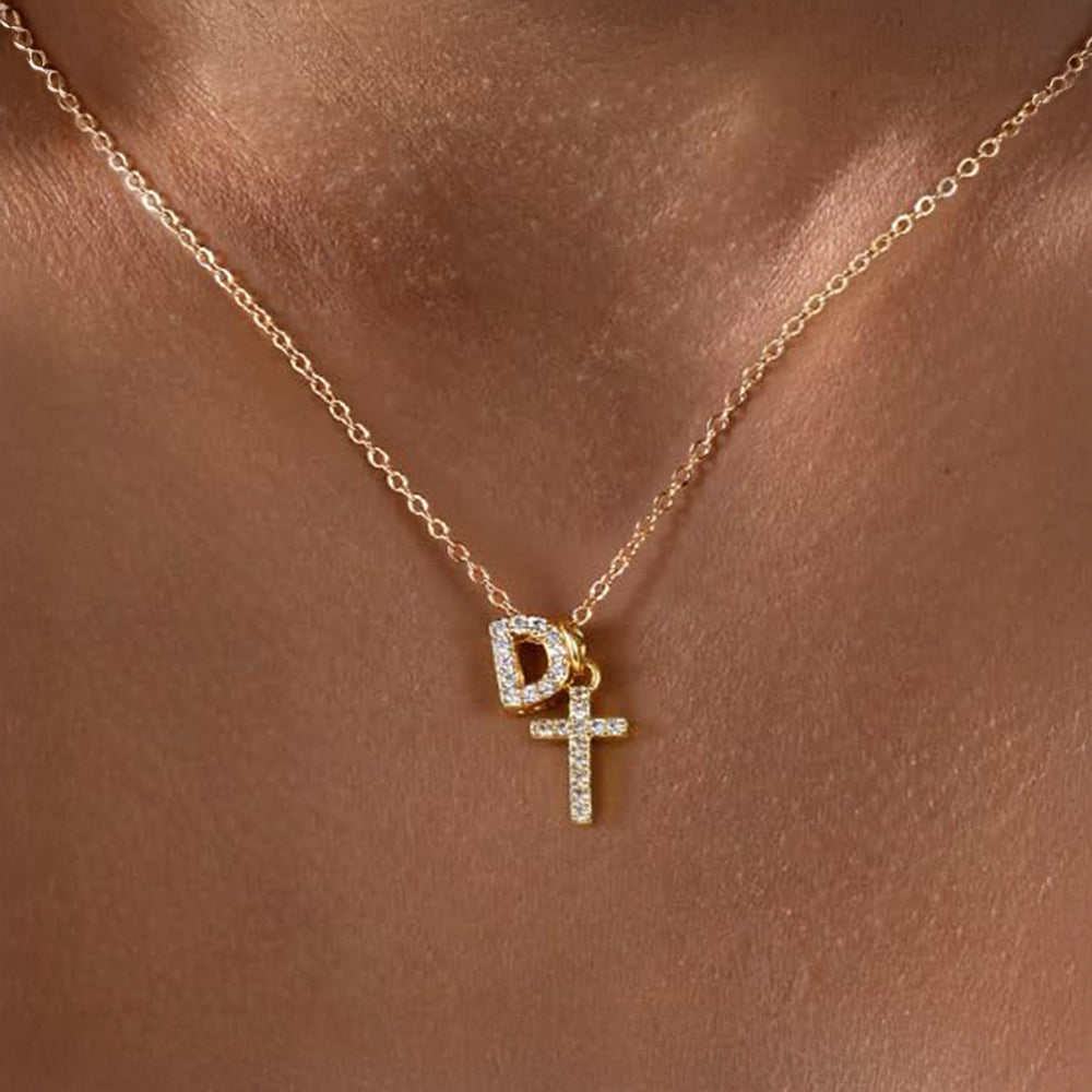 Dainty Diamond Initial and Cross Necklace - Adjustable 45 cm Chain, view 7