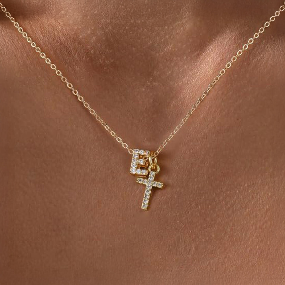 Dainty Diamond Initial and Cross Necklace - Adjustable 45 cm Chain, view 8
