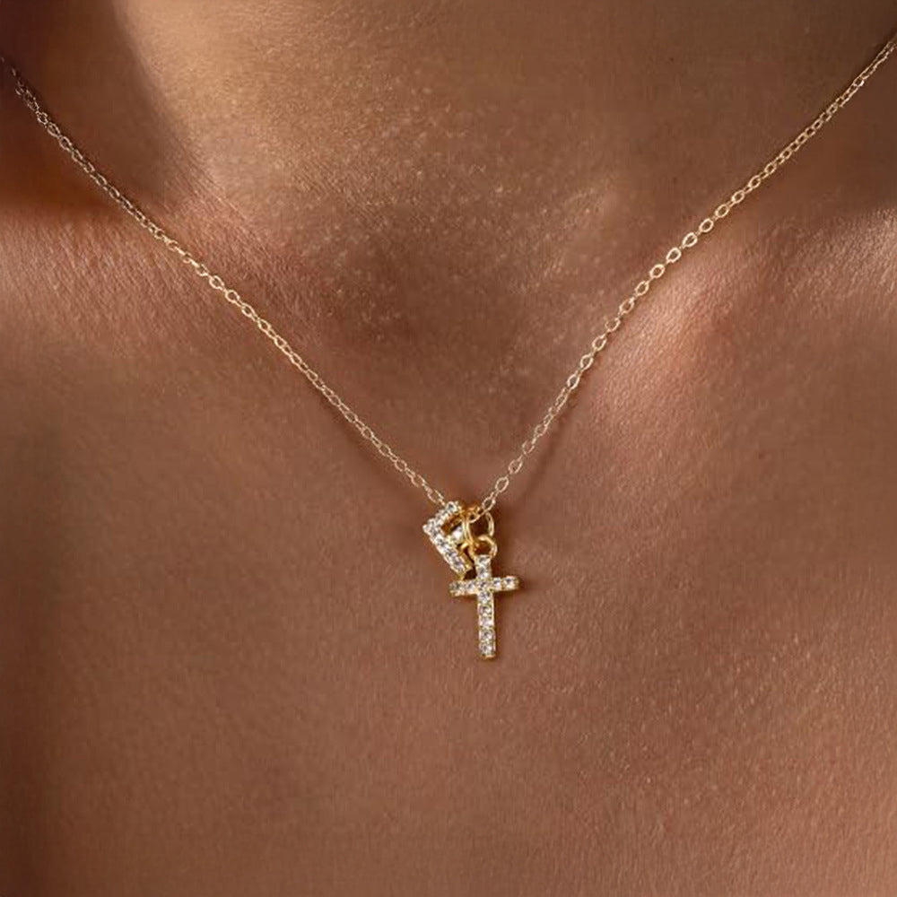 Dainty Diamond Initial and Cross Necklace - Adjustable 45 cm Chain, view 9