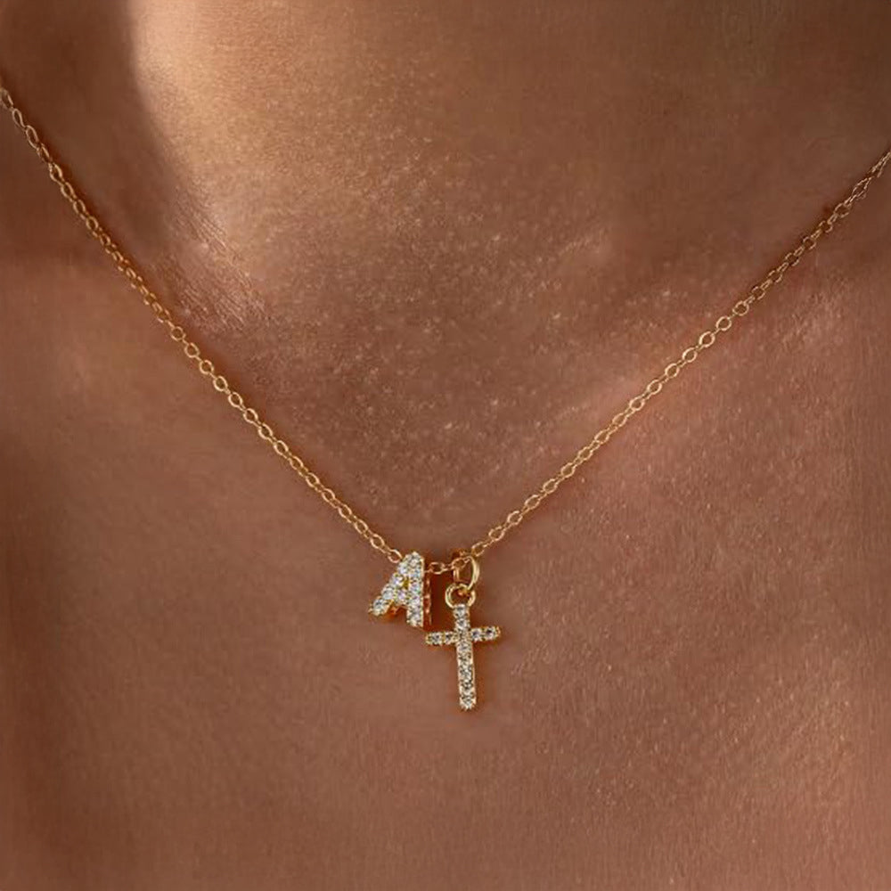 Dainty Diamond Initial and Cross Necklace - Adjustable 45 cm Chain