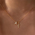 Dainty Diamond Initial and Cross Necklace - Adjustable 45 cm Chain