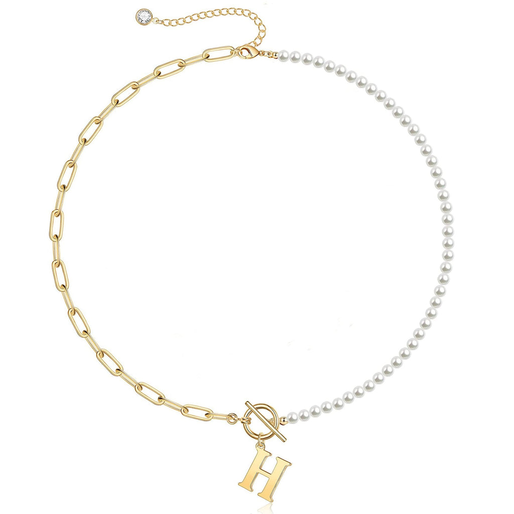 Pearl and Paperclip Chain Initial Necklace - 40cm, 5mm Chain, 4mm Pearl, view 12