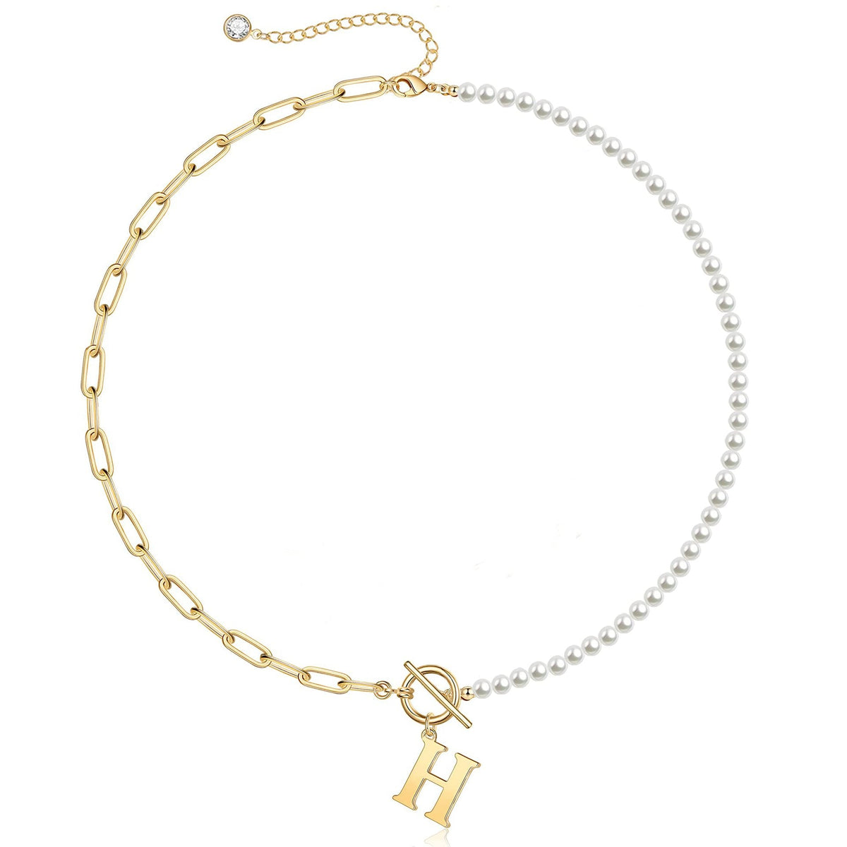 Pearl and Paperclip Chain Initial Necklace - 40cm, 5mm Chain, 4mm Pearl, view 12