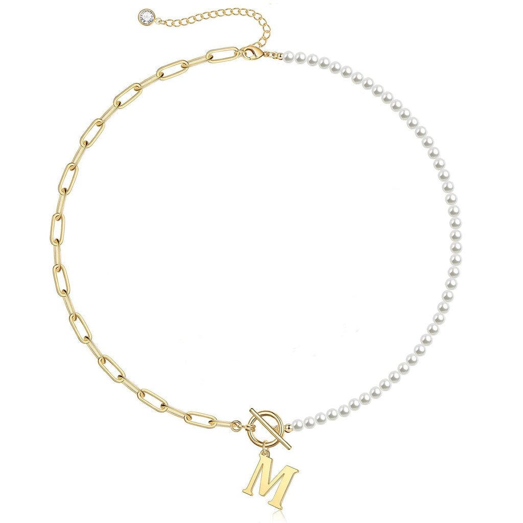 Pearl and Paperclip Chain Initial Necklace - 40cm, 5mm Chain, 4mm Pearl, view 17