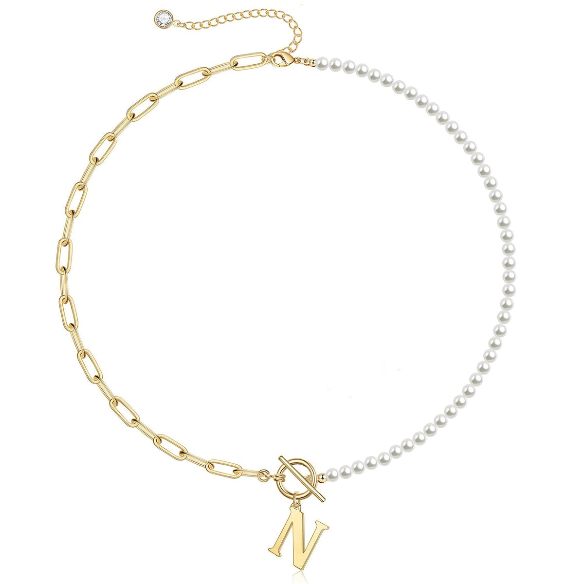 Pearl and Paperclip Chain Initial Necklace - 40cm, 5mm Chain, 4mm Pearl, view 18