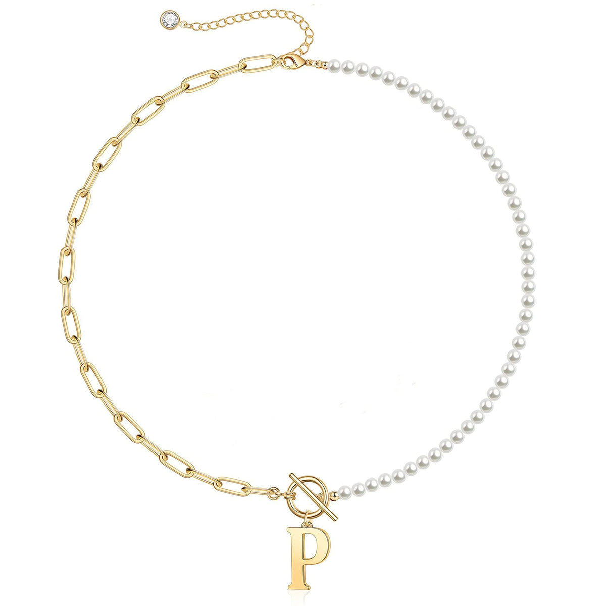 Pearl and Paperclip Chain Initial Necklace - 40cm, 5mm Chain, 4mm Pearl, view 20