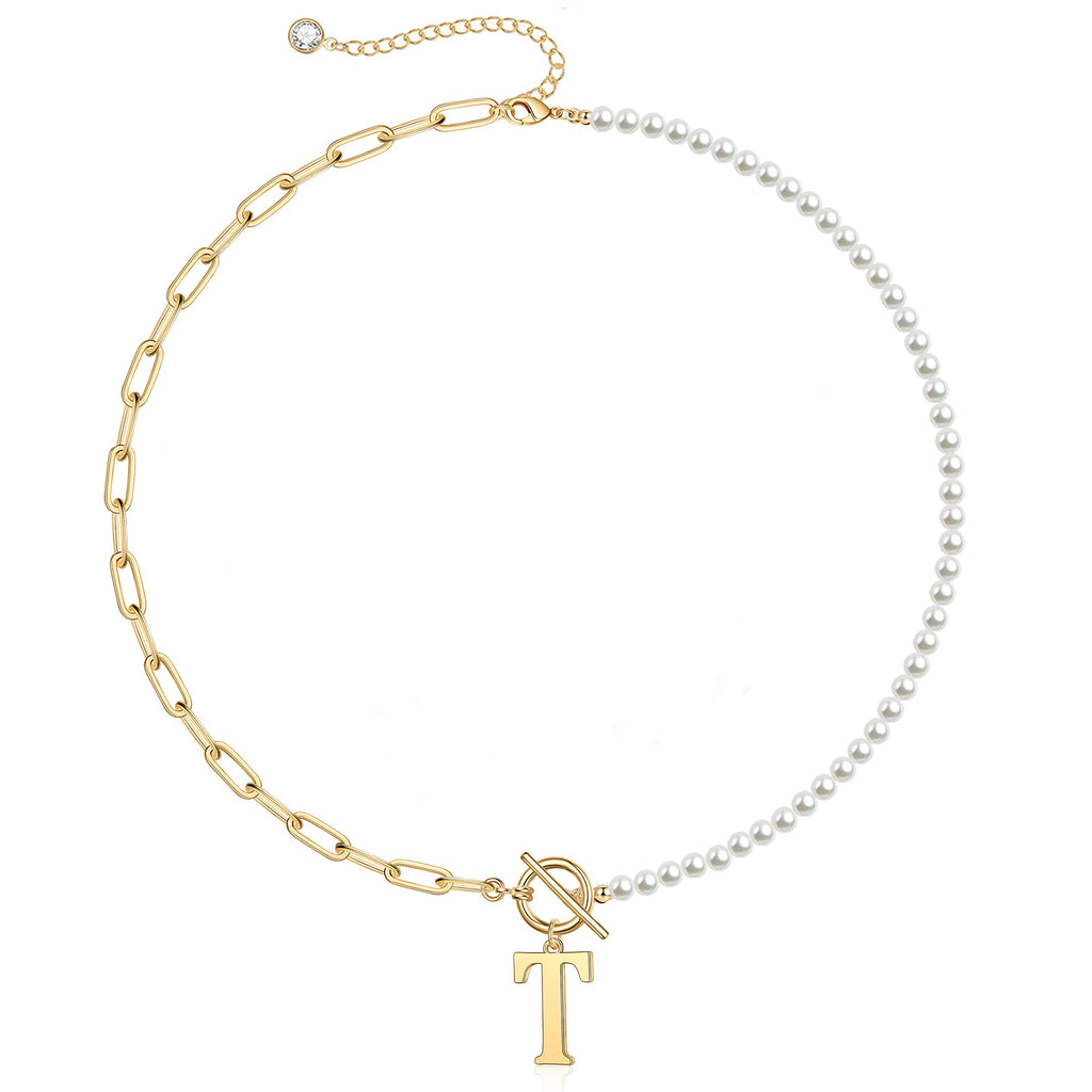 Pearl and Paperclip Chain Initial Necklace - 40cm, 5mm Chain, 4mm Pearl, view 24