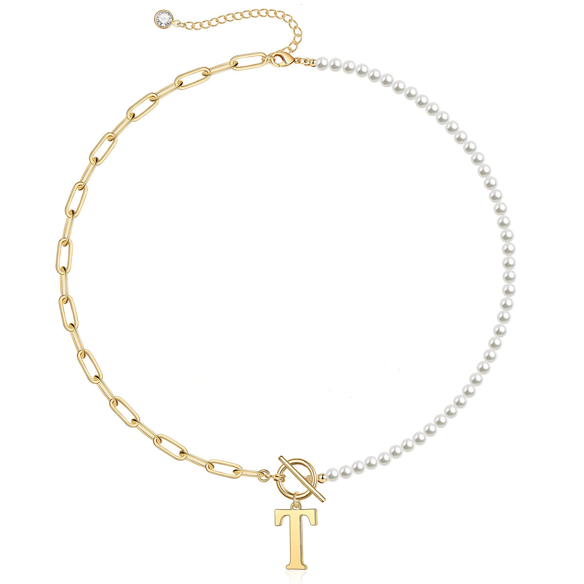 Pearl and Paperclip Chain Initial Necklace - 40cm, 5mm Chain, 4mm Pearl, view 24