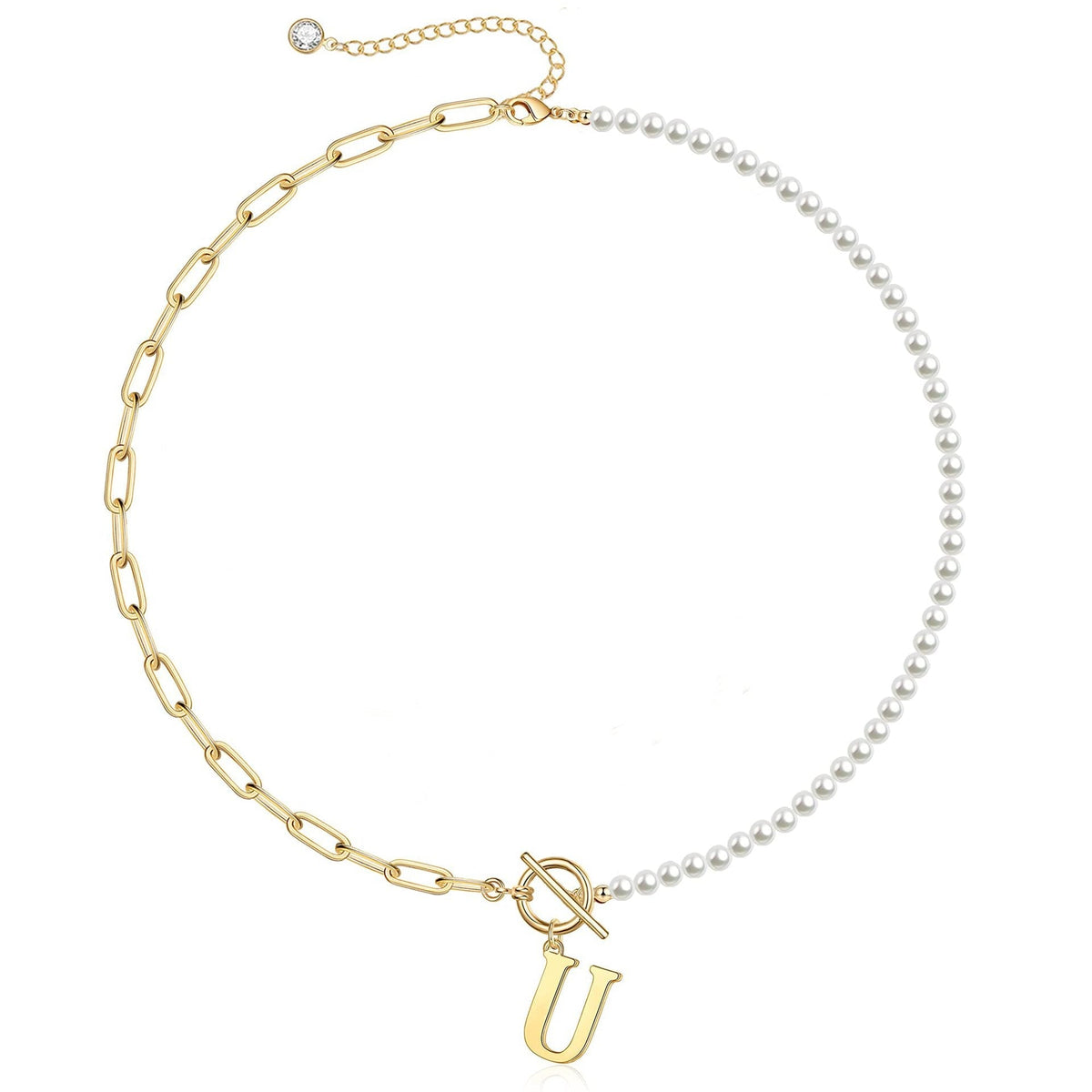 Pearl and Paperclip Chain Initial Necklace - 40cm, 5mm Chain, 4mm Pearl, view 25