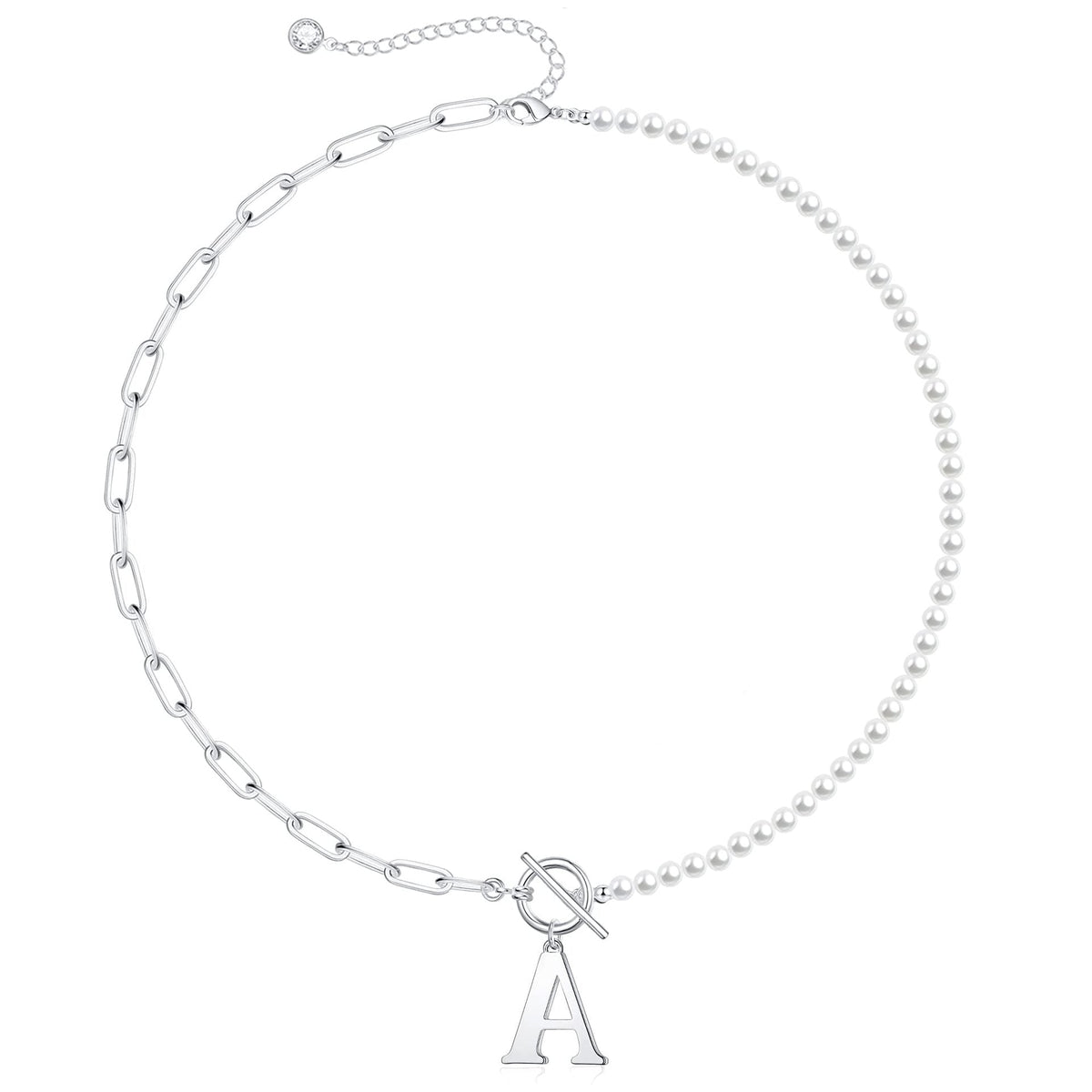 Pearl and Paperclip Chain Initial Necklace - 40cm, 5mm Chain, 4mm Pearl, view 31