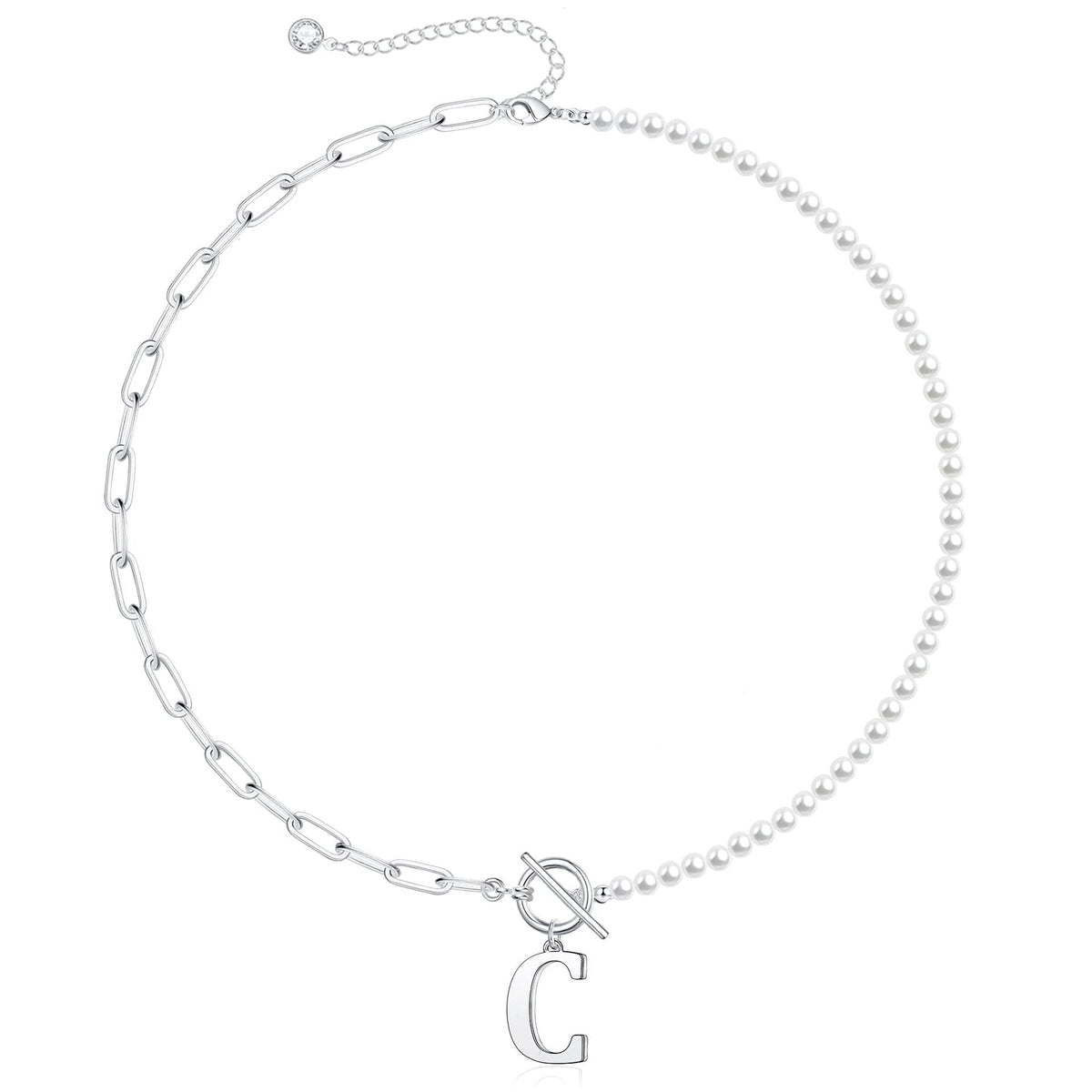 Pearl and Paperclip Chain Initial Necklace - 40cm, 5mm Chain, 4mm Pearl, view 33