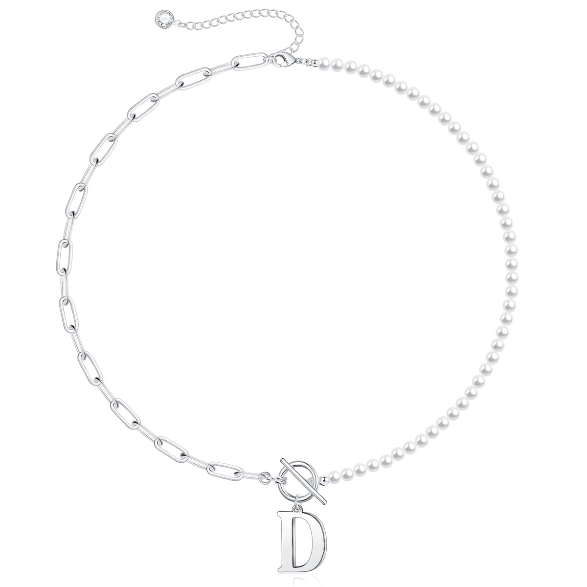 Pearl and Paperclip Chain Initial Necklace - 40cm, 5mm Chain, 4mm Pearl, view 34