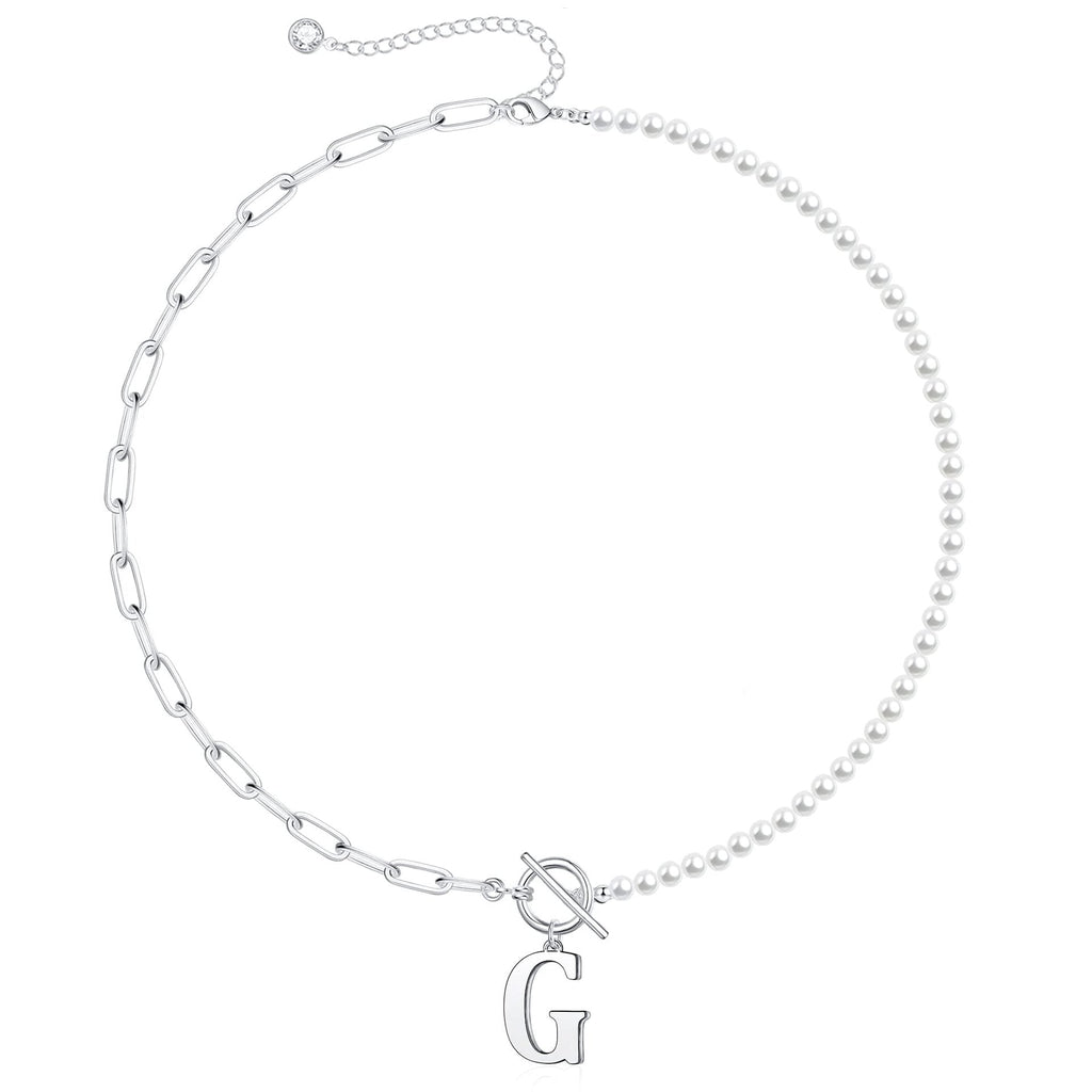 Pearl and Paperclip Chain Initial Necklace - 40cm, 5mm Chain, 4mm Pearl, view 37