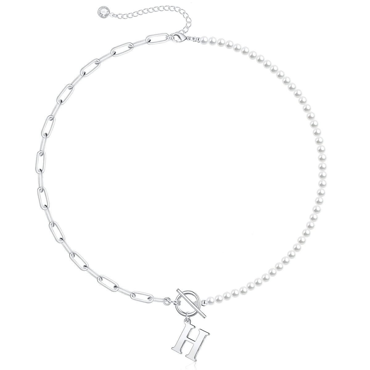 Pearl and Paperclip Chain Initial Necklace - 40cm, 5mm Chain, 4mm Pearl, view 38