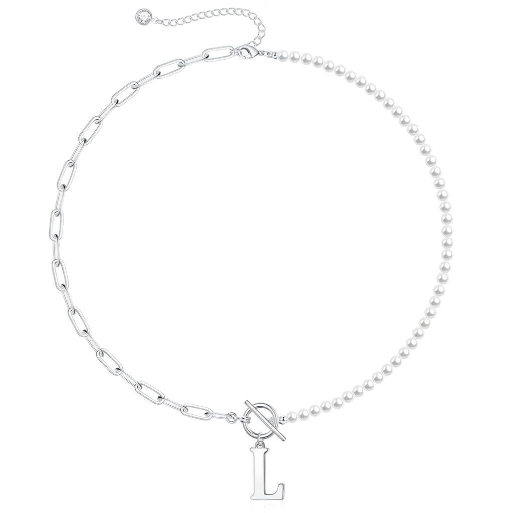 Pearl and Paperclip Chain Initial Necklace - 40cm, 5mm Chain, 4mm Pearl, view 42