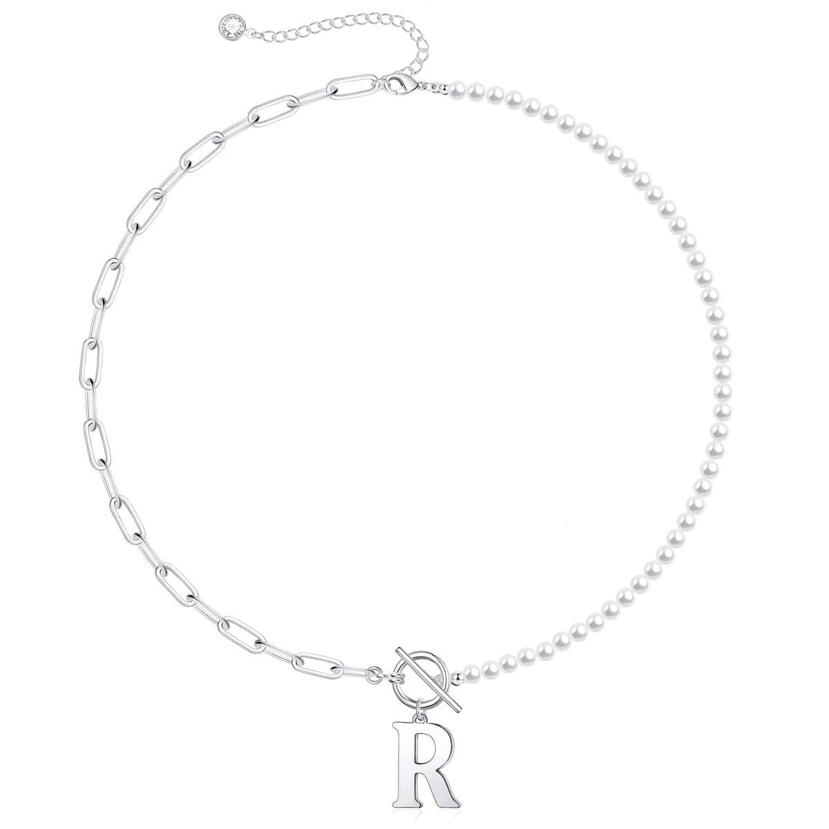 Pearl and Paperclip Chain Initial Necklace - 40cm, 5mm Chain, 4mm Pearl, view 48