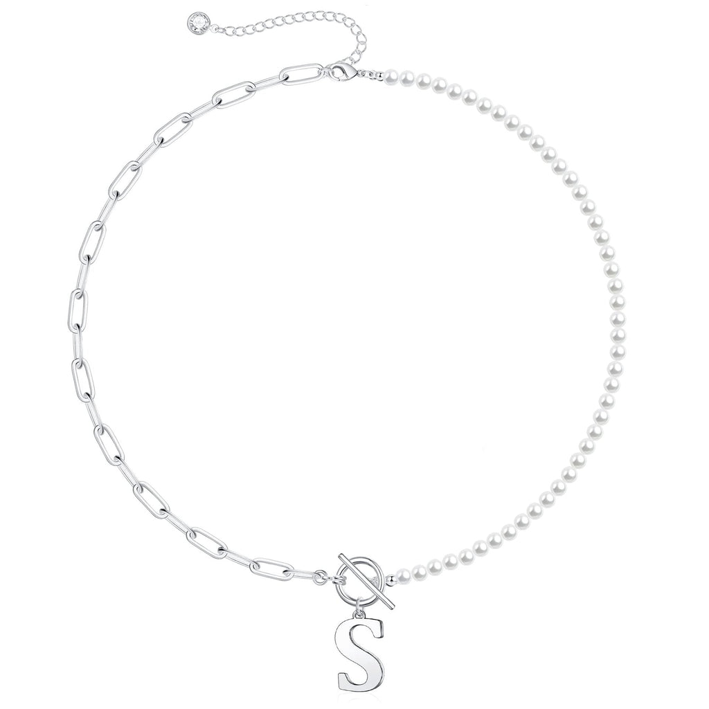Pearl and Paperclip Chain Initial Necklace - 40cm, 5mm Chain, 4mm Pearl, view 49