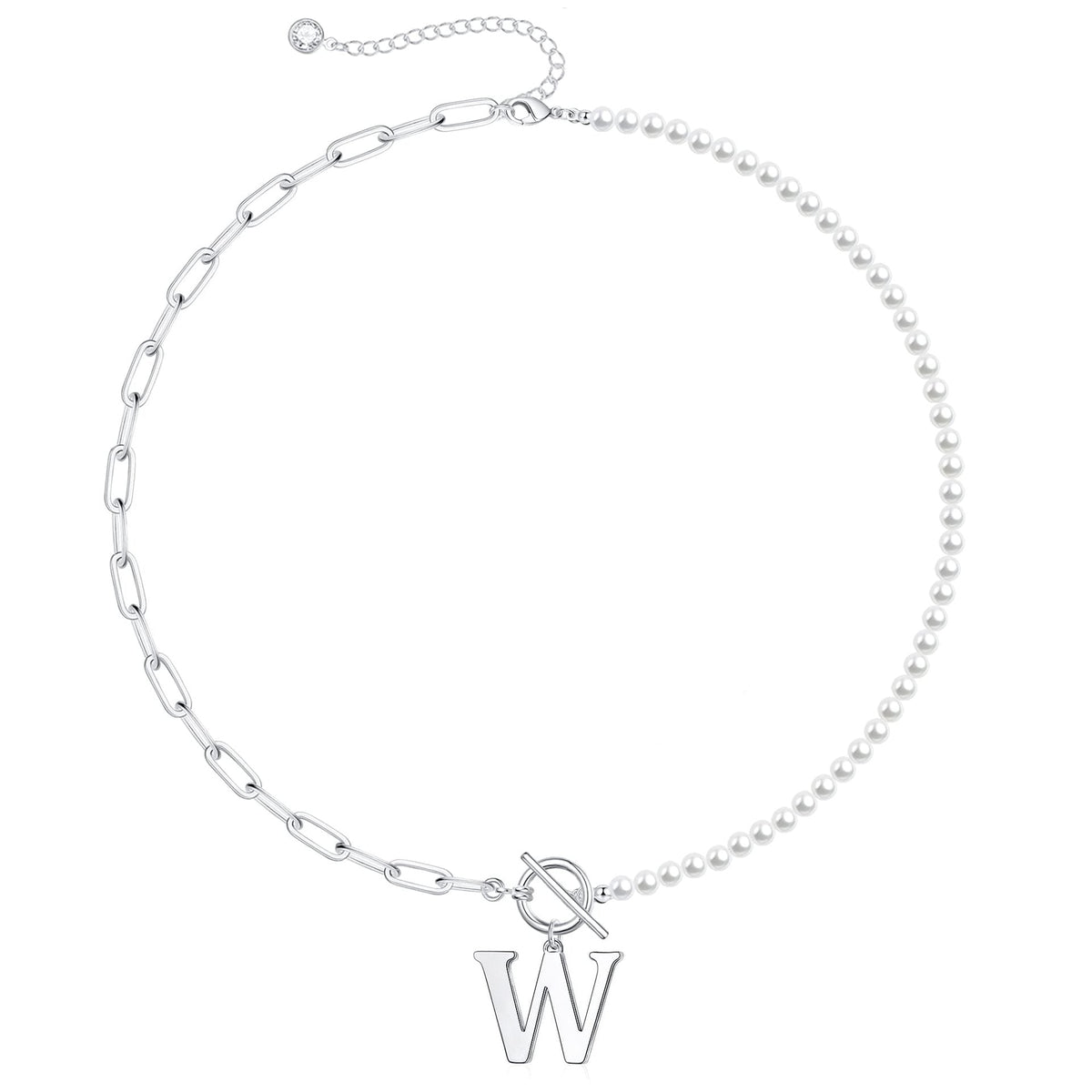 Pearl and Paperclip Chain Initial Necklace - 40cm, 5mm Chain, 4mm Pearl, view 53