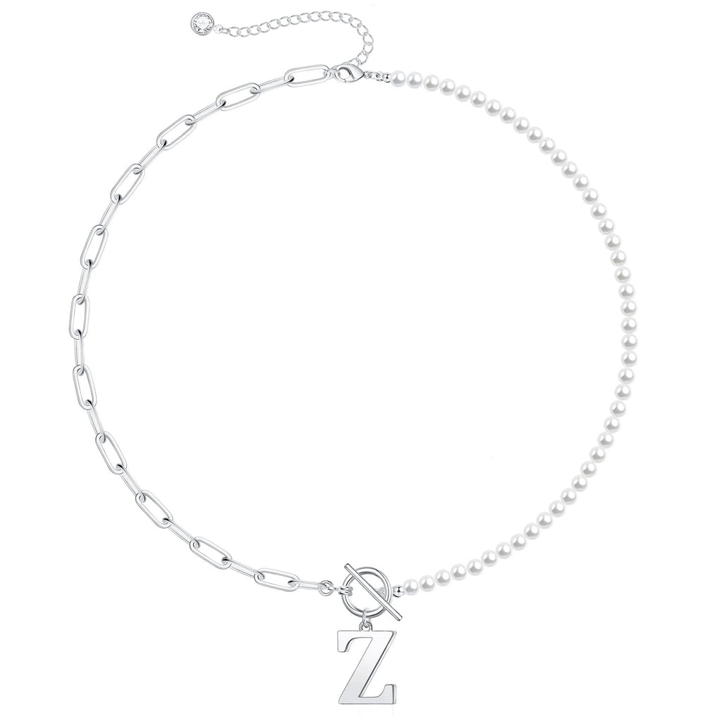 Pearl and Paperclip Chain Initial Necklace - 40cm, 5mm Chain, 4mm Pearl, view 56