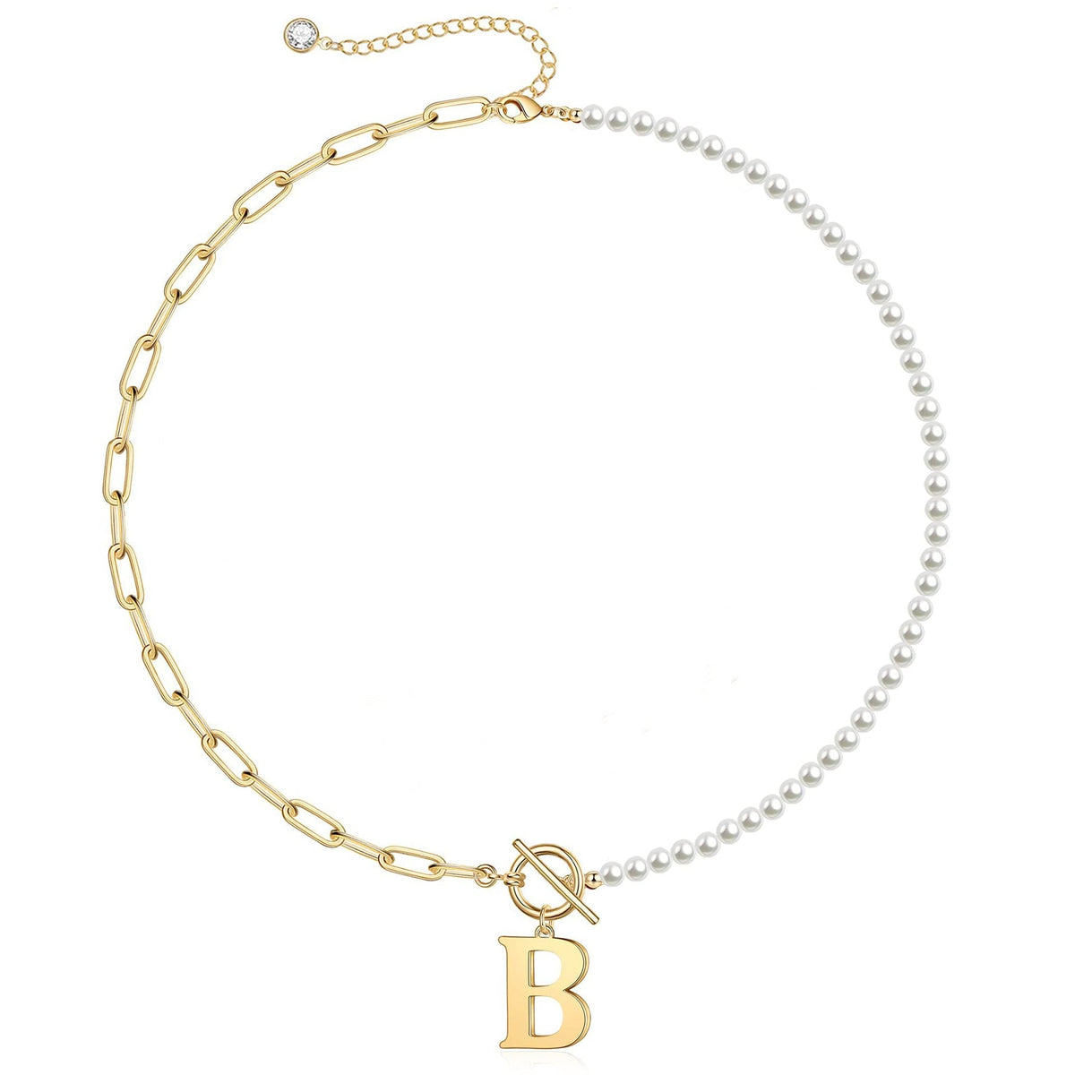 Pearl and Paperclip Chain Initial Necklace - 40cm, 5mm Chain, 4mm Pearl, view 6