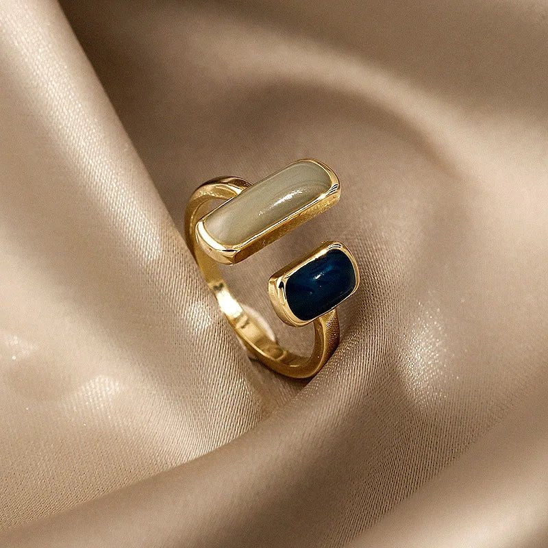 Adjustable Asymmetric Blue Square Rings - Copper Stainless Steel