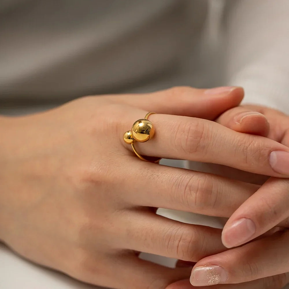 18k Gold Plated Two Ball Open Ring - 316L Stainless Steel, view 2