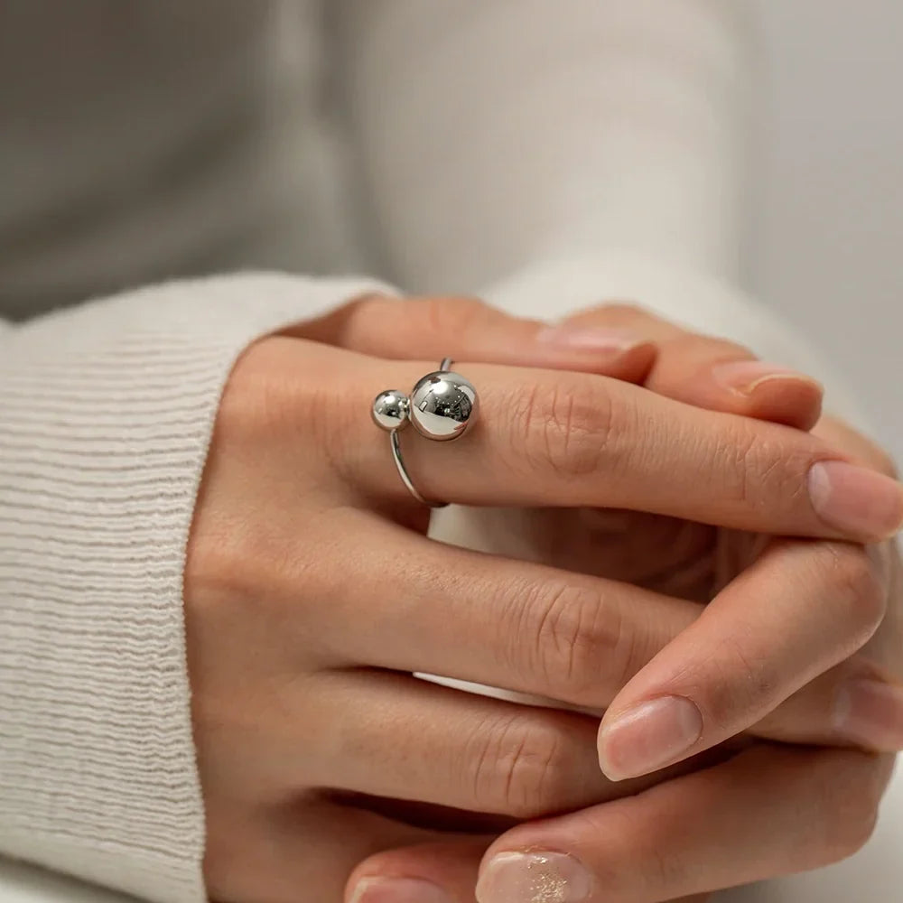 18k Gold Plated Two Ball Open Ring - 316L Stainless Steel, view 3