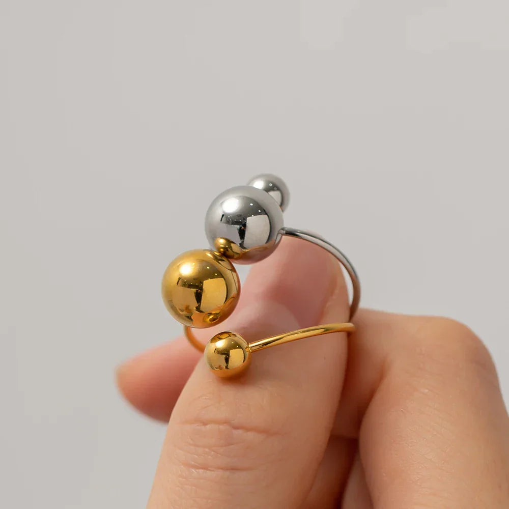 18k Gold Plated Two Ball Open Ring - 316L Stainless Steel, view 8