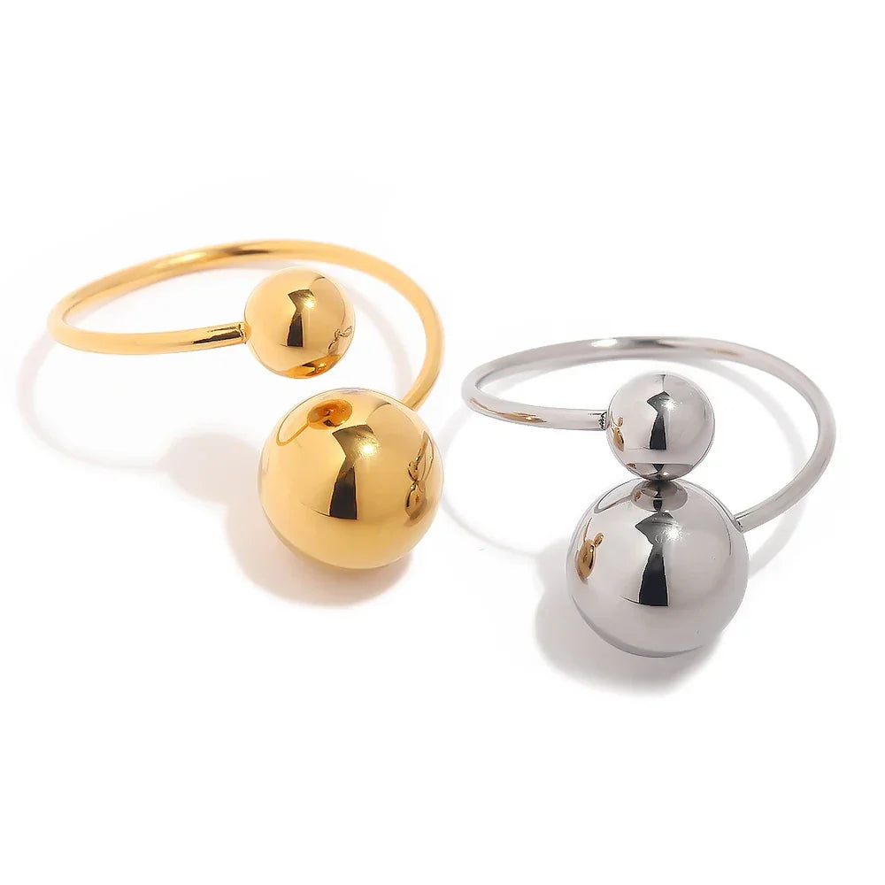 18k Gold Plated Two Ball Open Ring - 316L Stainless Steel, view 9