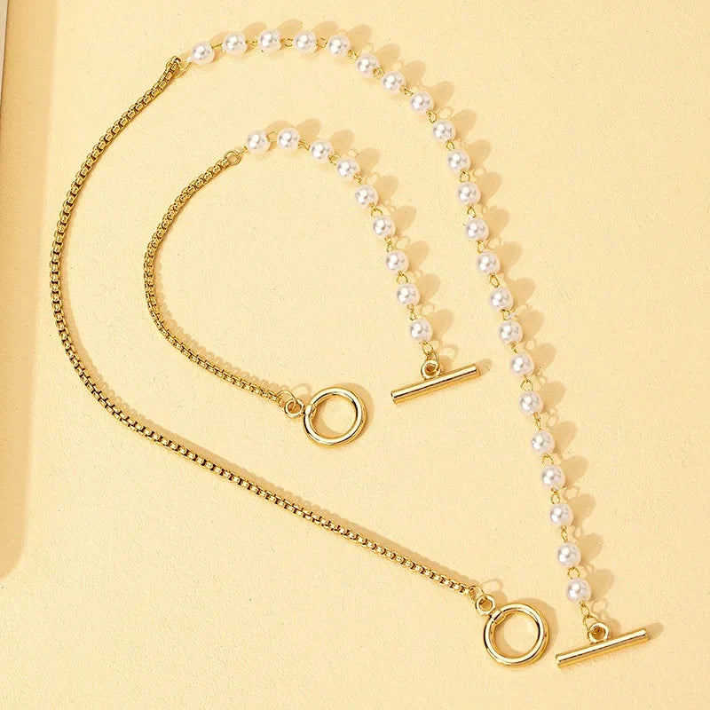 Chain and Pearl Bracelet and Necklace Set - Circle Clasp, 45 cm Necklace, view 2