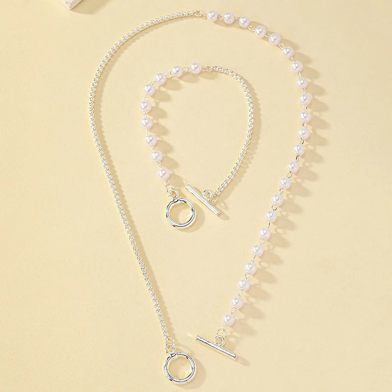 Chain and Pearl Bracelet and Necklace Set - Circle Clasp, 45 cm Necklace, view 3