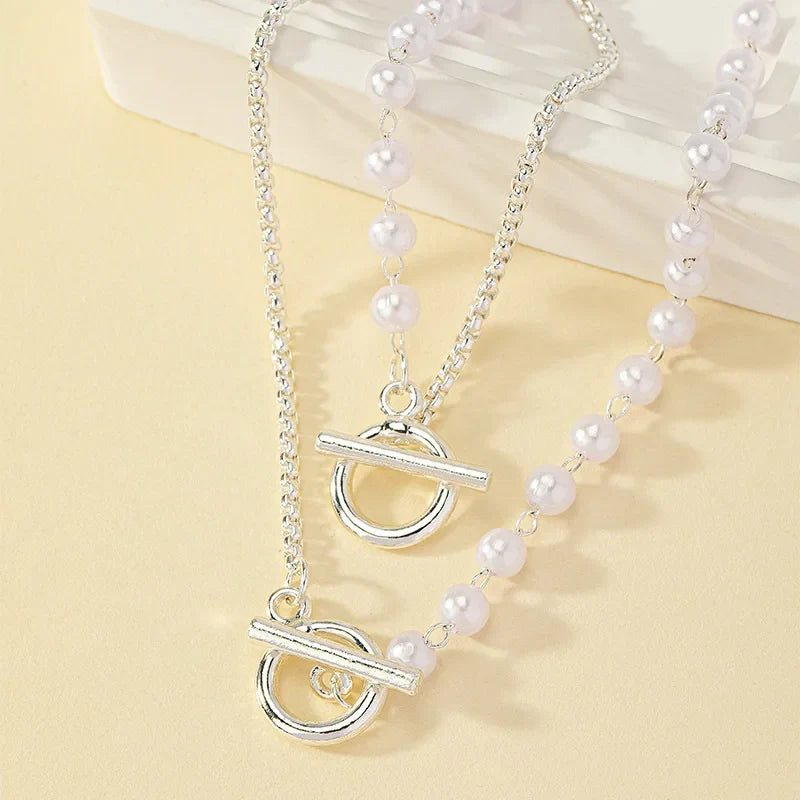 Chain and Pearl Bracelet and Necklace Set - Circle Clasp, 45 cm Necklace, view 4