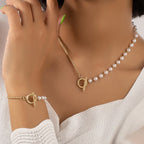 Chain and Pearl Bracelet and Necklace Set - Circle Clasp, 45 cm Necklace