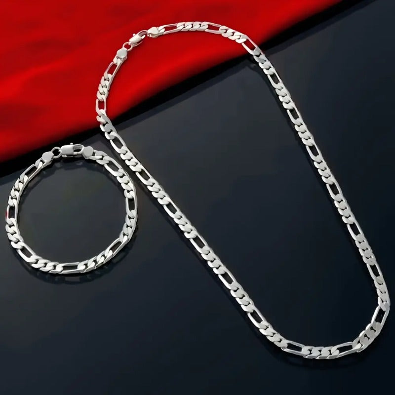 925 Silver Figaro Cuban Chain Necklace - 4mm, Silver-Plated Copper