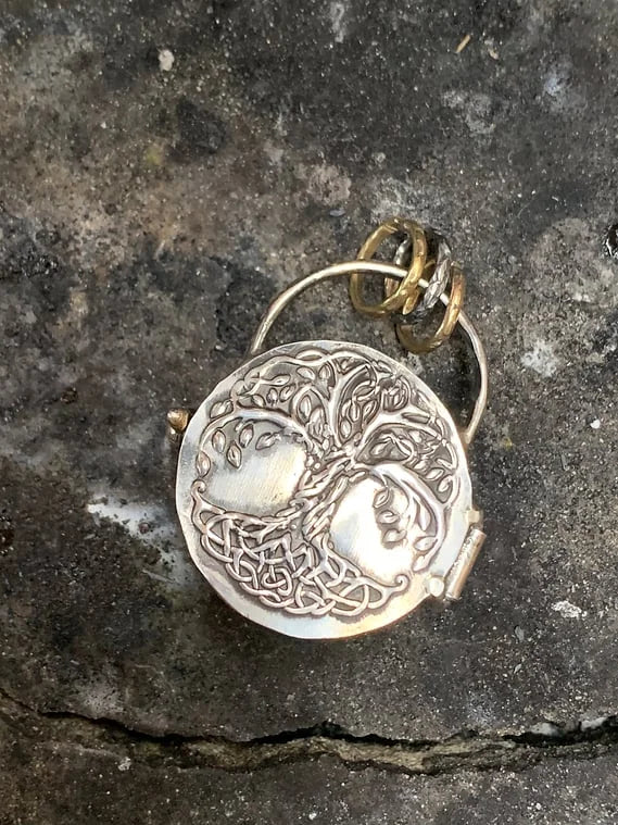 Silver Locket Necklace with Triple Moon, Tree of Life, Quartz Crystal - 2.5 cm Pendant, view 4