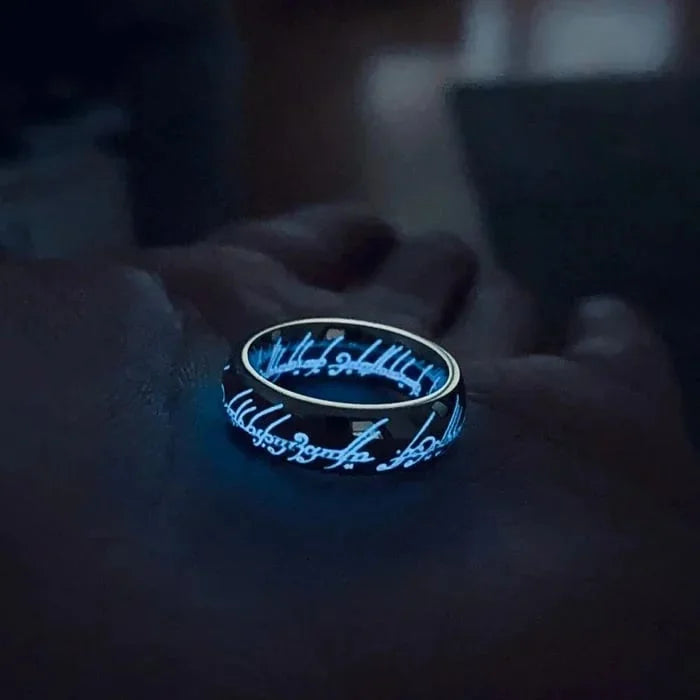 Glowing Silver Ring with Aquamarine Runes - Emits Bright Light, view 6