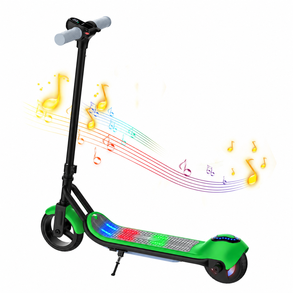 Green kids' electric scooter with LED deck lights