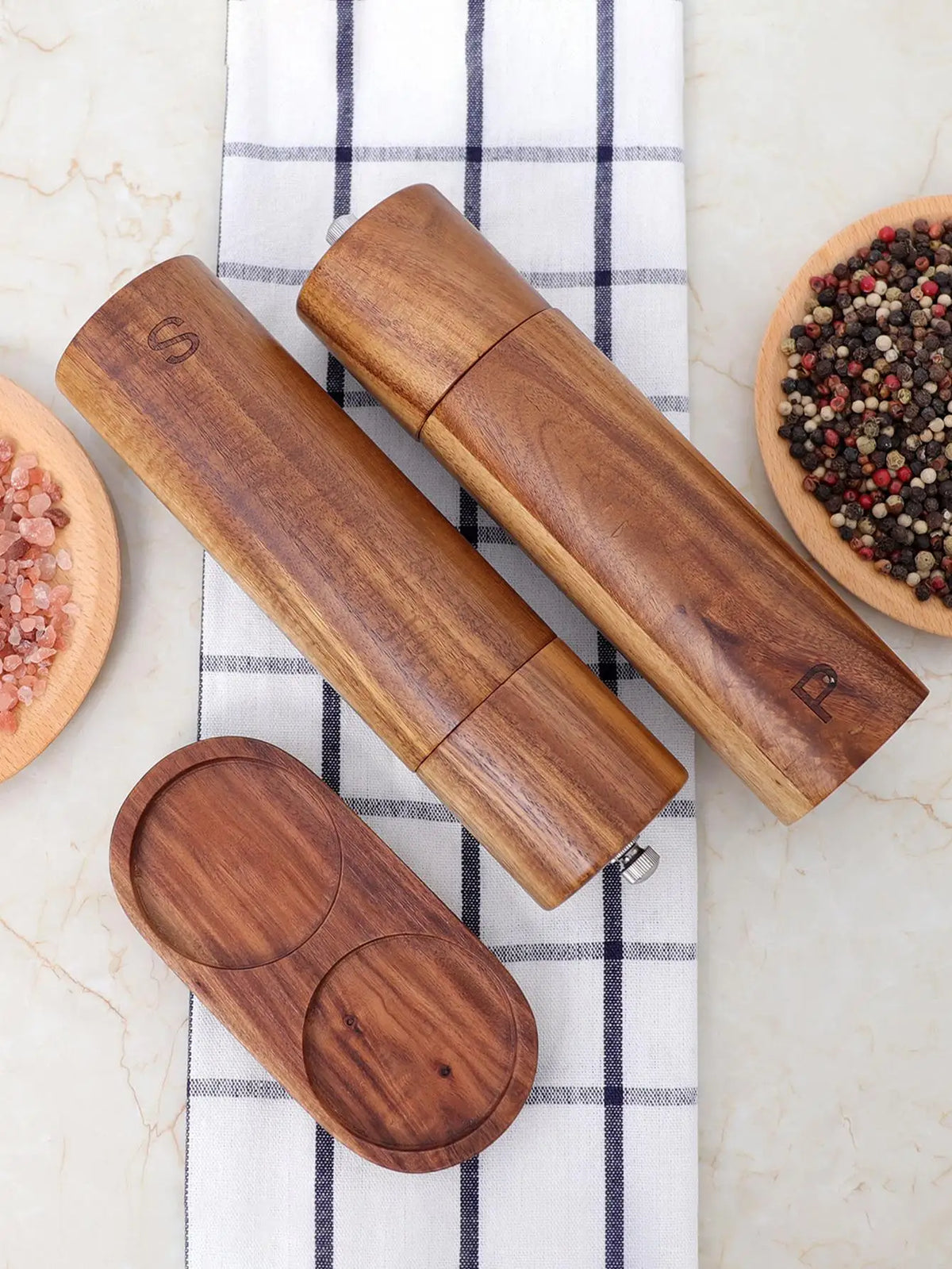 Luxury Wooden Salt and Pepper Mill Set with Tray - 22.5 cm, Wood