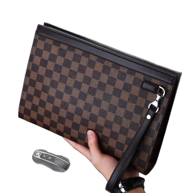 Leather Checkered Document Clutch with Wrist Strap