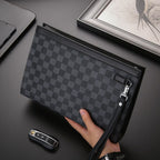 Leather Checkered Document Clutch with Wrist Strap