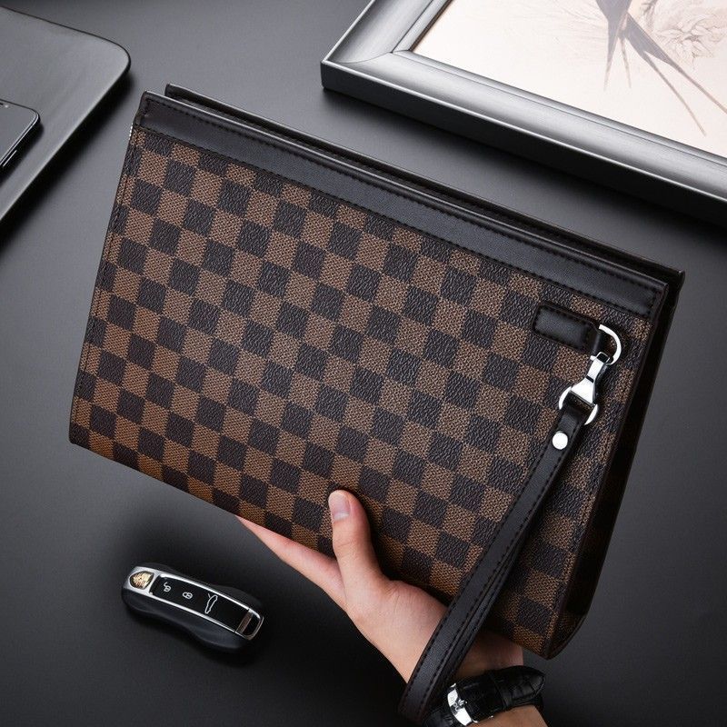 Leather Checkered Document Clutch with Wrist Strap