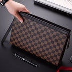 Leather Checkered Document Clutch with Wrist Strap