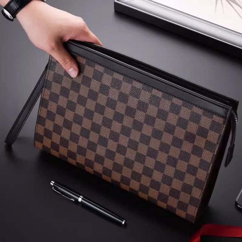 Leather Checkered Document Clutch with Wrist Strap