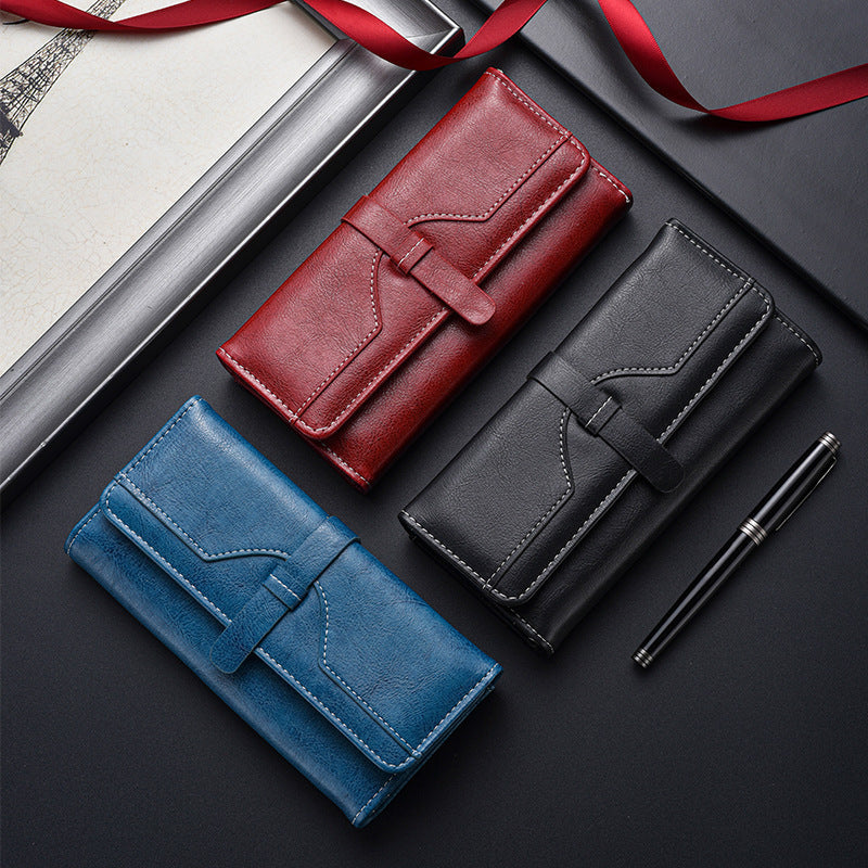 Leather Long Wallet with Button Closure