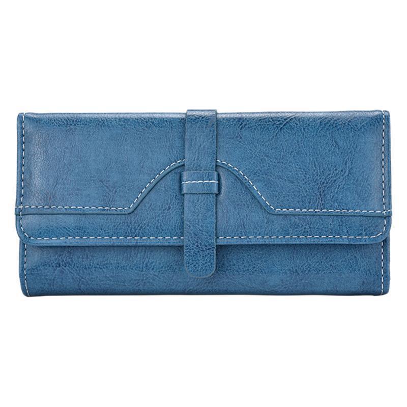Leather Long Wallet with Button Closure