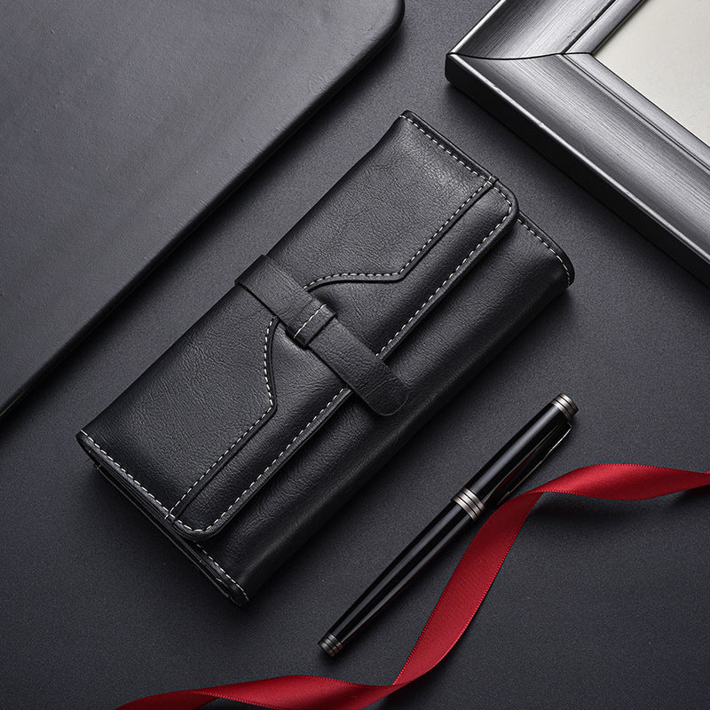 Leather Long Wallet with Button Closure