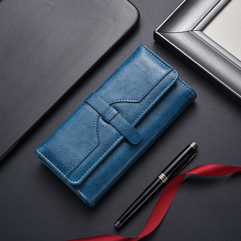 Leather Long Wallet with Button Closure